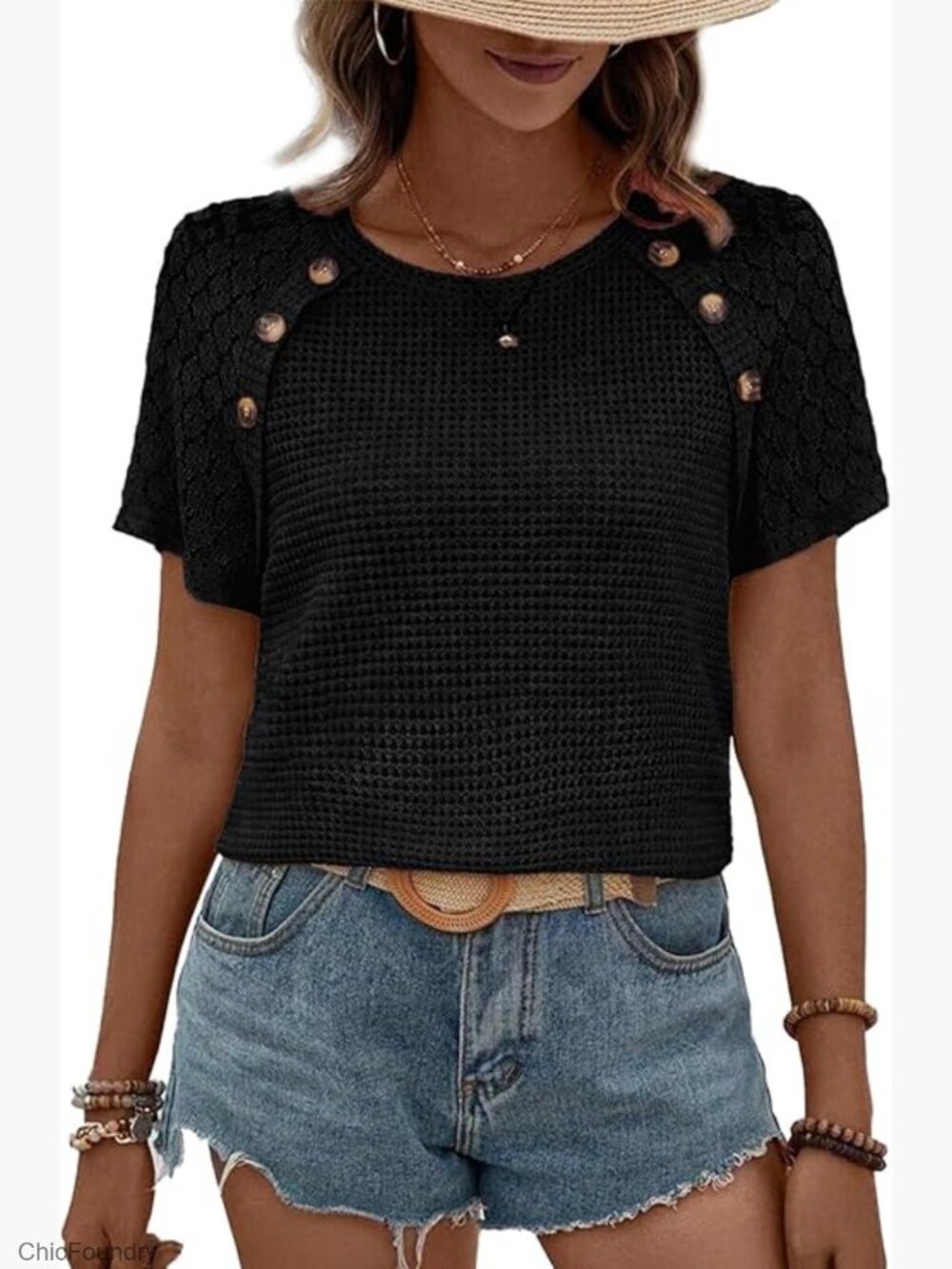 Waffle Knit Lace Crochet Hollow Out Crewneck Tee Loose Fit Casual Top